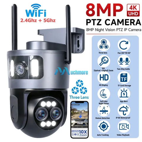 8MP Triple Lens PTZ WiFi 5G Outdoor Security Camera 360° Auto Tracking 10x Zoom