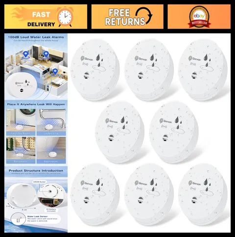 8 Pack Water Leak Detectors - 100dB Sensor Alarms for Home, Basement, Garage & M