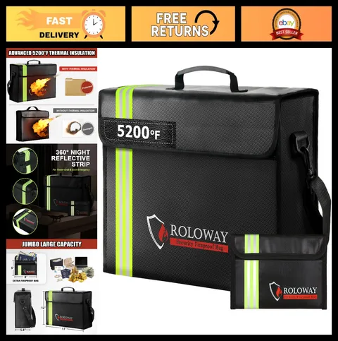 Fireproof Document Bag 17x12x5.8" - Heat Insulated, Reflective Strip, Cash Safe