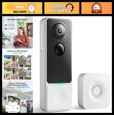 Wireless 3MP Video Doorbell Camera - 2K HD, No Subscription, Motion & Package De