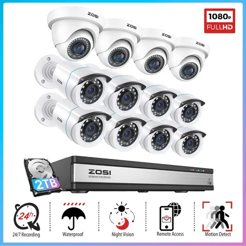 ZOSI Night Vision 16CH DVR H.265 1080P Outdoor Security Camera System 2TB HDD