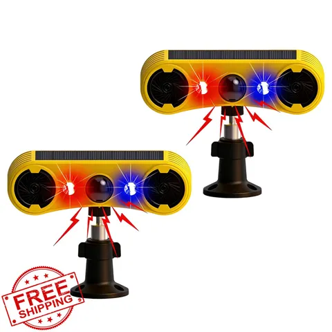 QXMH Solar Motion Alarm 2 Pack Dog Bark Gunshot Sound 129dB Red Blue Light