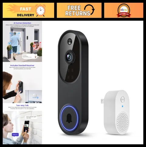 1080p Smart Wi-Fi Doorbell Camera, AI Motion Detection, Night Vision, 2-Way Audi