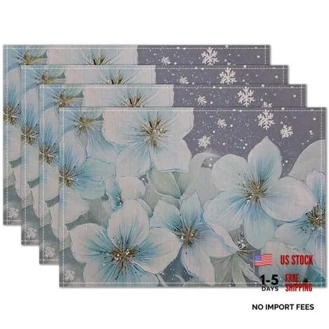 Set of 4 Blue Floral 12x18 Inch Placemats for Dining Table - Colors 13
