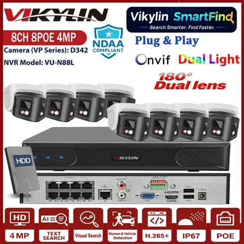 Vikylin SmartFind 8CH 8POE NVR 4MP Dual Lens POE IP Camera 180° Panoramic Lot