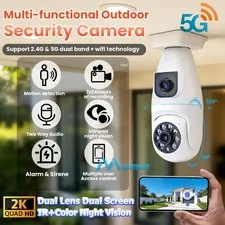 Dual Lens 6MP 5G WiFi IP Camera Wireless Outdoor PTZ Zoom Home Security Bulb Cam