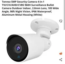 Tennoz 5MP 4-in-1 TVI CVI AHD CVBS Bullet Security Camera TN-TB6125RWF 98ft NV