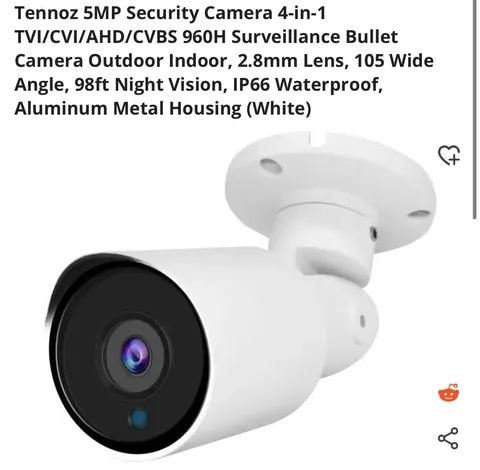 Tennoz 5MP 4-in-1 TVI CVI AHD CVBS Bullet Security Camera TN-TB6125RWF 98ft NV