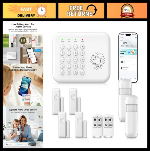 Home Security Alarm System WiFi GSM 4G, Door Sensors & Motion Detectors, App Con