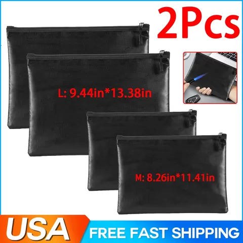 2Pc 2000℉ Fire Proof money Bag Fireproof Document Pouch Waterproof Safe Cash M/L