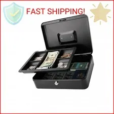 Jssmst Large Cash Box with Key Lock - Durable Metal Cash Box with Money Tray, 11