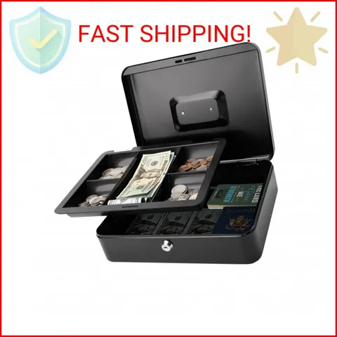 Jssmst Large Cash Box with Key Lock - Durable Metal Cash Box with Money Tray, 11