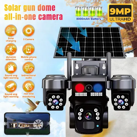 WiFi Solar Wireless Security Camera Outdoor 360° PTZ 4K Triple-Cam Night Vision