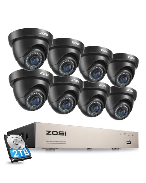 ZOSI 8CH H.265+ 5MP Lite DVR 1080P Security Camera System with 2TB Night Vision