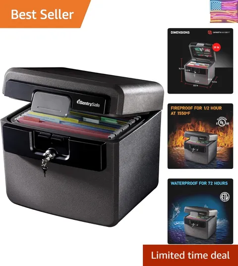 Black Fireproof and Waterproof Safe, File Folder and Document Box with Key Lo...