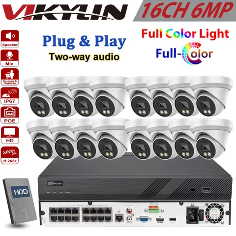 Vikylin 16CH 16POE NVR 6MP PoE IP Full Color Night Vision Camera 2Way Talk Lot