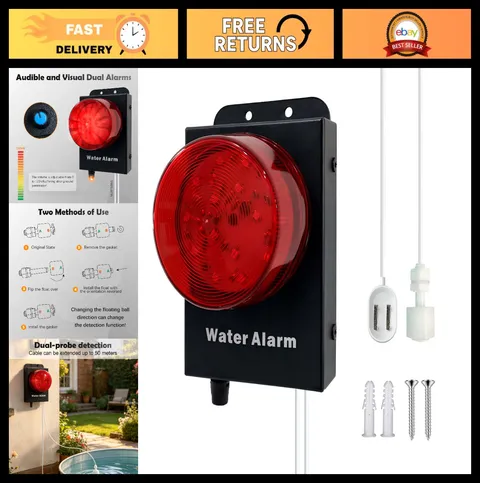 Water Level Leak Alarm 16.4ft Dual Sensors 120dB Strobe 9V Battery Sump Pump Dis