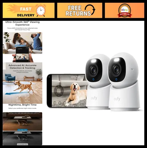 4K Indoor Security Camera - Pan & Tilt, AI Tracking, Color Night Vision, 2-Pack