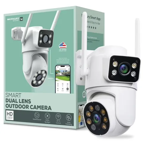 Merkury Smart Outdoor Camera 1080p - Dual Lens Pan-Tilt Security Cam, White 