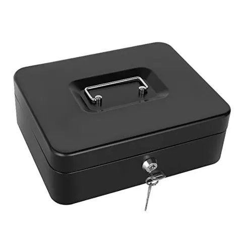 Cash Box with Lock and Money Tray Metal Money Box Large Cash Lock Black-Large