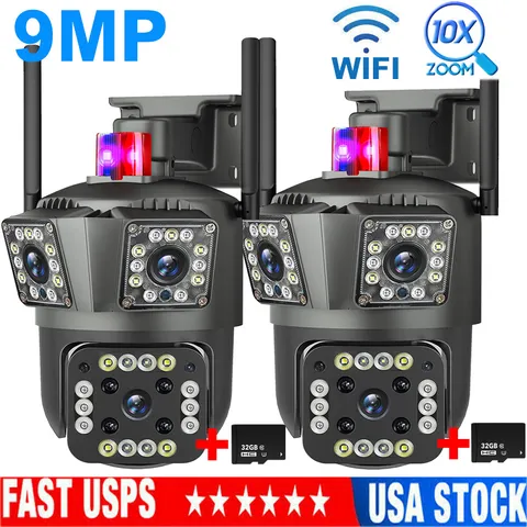 2PCS 3 Lens HD 9MP WiFi IP Camera Wireless Outdoor CCTV PTZ Home Security IR Cam