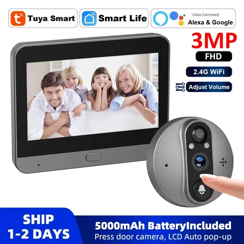 3MP WiFi Smart Tuya Peephole 5000mAh Doorbell Camera Alexa Google