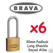 Padlocks x6 KEYED ALIKE BRAVA 30mm LONG SHACKLE High quality BULK LOT