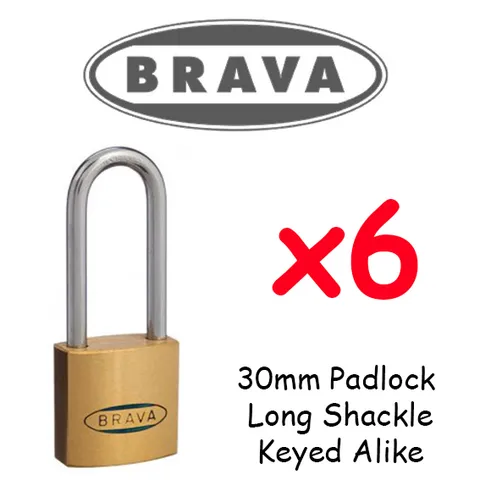 Padlocks x6 KEYED ALIKE BRAVA 30mm LONG SHACKLE High quality BULK LOT