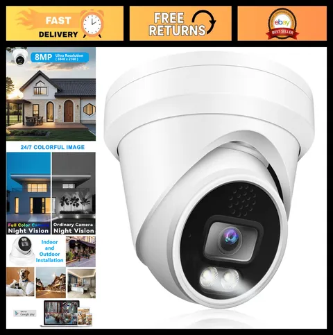 8MP 4K PoE IP Security Camera - Full Color Night Vision, 105° Wide Angle, Waterp