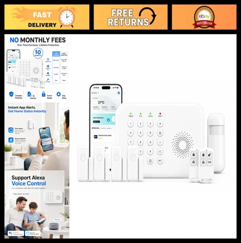 Wireless Home Security System - 8-Piece DIY Alarm Kit, WiFi & 4G, No Fees, App A