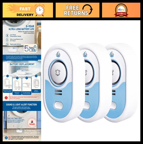 Water Leak Detector 3 Pack - 100dB Alarm, LED Indicator, IP66 Waterproof, 5 Year