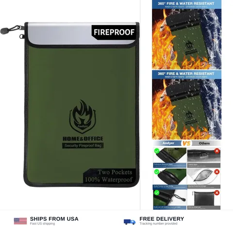 2 Pockets Fireproof Document Bag (15"x11"), Protect Values from Fire | 2000 ℉...