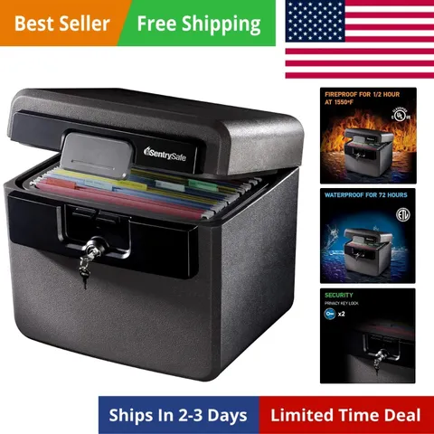 Black Fireproof and Waterproof Safe, File Folder and Document Box with Key Lo...