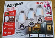 Energizer 5 GHz 2K Pan & Tilt Camera w/ multi-white 1000 Lumen Lightbulb. 3 Pack