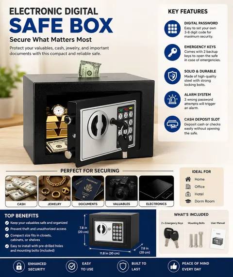 Mini Electronic Safe Box with Digital Keypad & Keys, 0.23 Cubic, 9.06"Wx6.69"Dx6