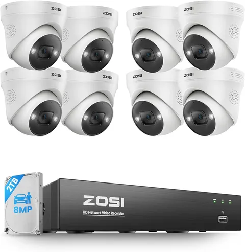ZOSI 8CH 8X 4K PoE Security Camera System AI Detect 2 Way Audio with 2TB Home