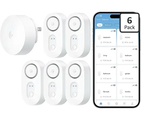 GoveeLife Upgraded Smart Water Leak Detector 1800ft Range 5 Pack WiFi Sensor