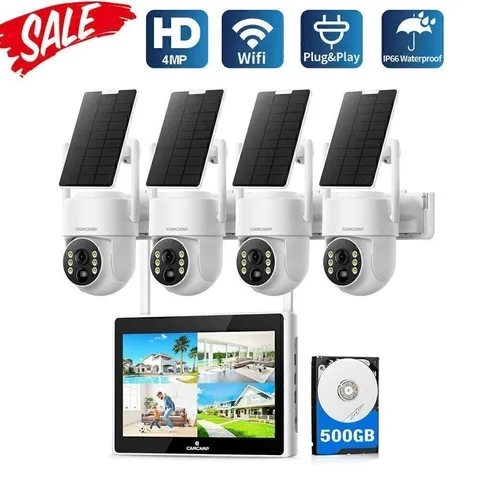 Solar Powered Security Camera System Wireless Outdoor with Monitor PT 360° 500Gb