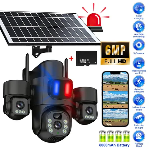6MP FHD Solar Powered Camera Wifi Triple Lens Night Vision CCTV Security Camera