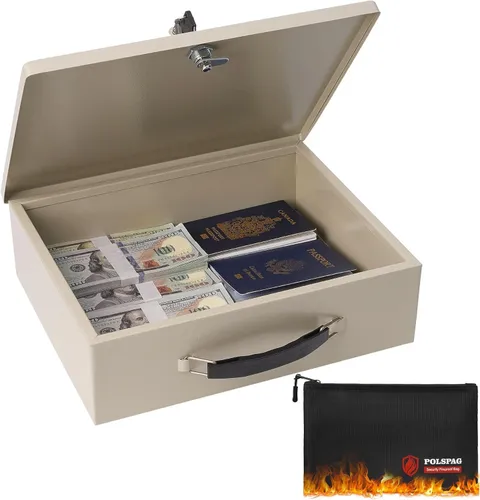 White Fireproof Document Box w/ Key Lock & Money Bag Large Fire Safe Chest