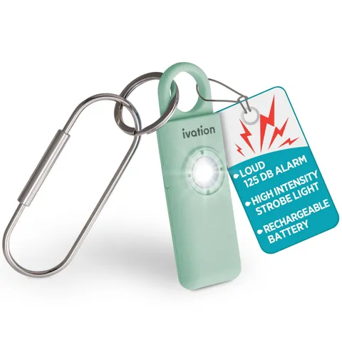 Ivation Personal SOS Alarm, 130dB Rechargeable Keychain Alarm, LED Strobe, Green