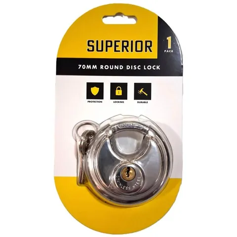 Superior 70mm Round Disc Lock – Shielded Shackle, Stainless Steel (2 Keys)