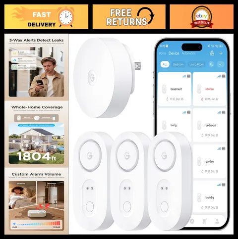 Smart Water Leak Detector 3 Pack - WiFi Sensor with 1804ft Range, Alarm & Alerts