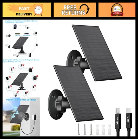 2W Solar Panel for Outdoor Security Cameras, USB/Type-C Charger, IP65 Waterproof