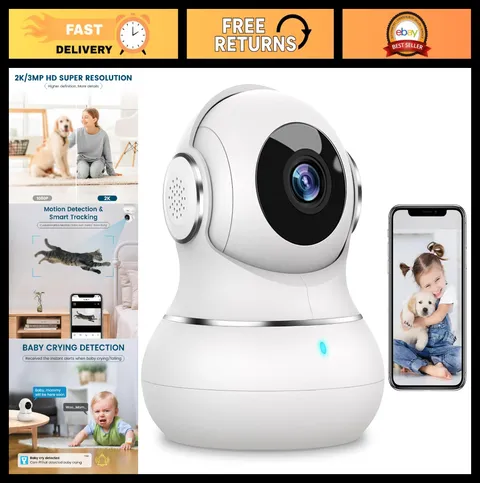 2K Indoor Security Camera, 360° Pan/Tilt, Motion Detection, Night Vision, WiFi B