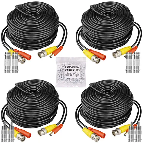 HISVISION 4 Pack 30M/100ft All-in-One BNC Video Power 100ft, 100ft-Black