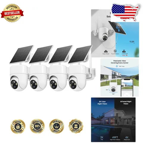 White 2K Solar Security Cameras 4PCS Outdoor Wireless 360° View True Wireless