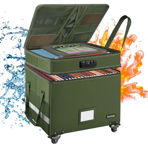 File Box with Lock,2-Layer Fireproof Document Box with Wheels,Collapsible Rol...