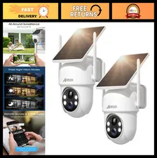 Wireless Solar Security Cameras Outdoor 2K, 360° PTZ, Night Vision, PIR Detectio