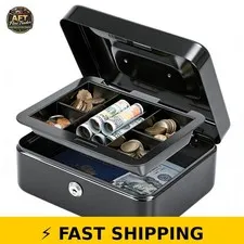 KYODOLED Medium Cash Box with Removable Tray, Key Lock - Black